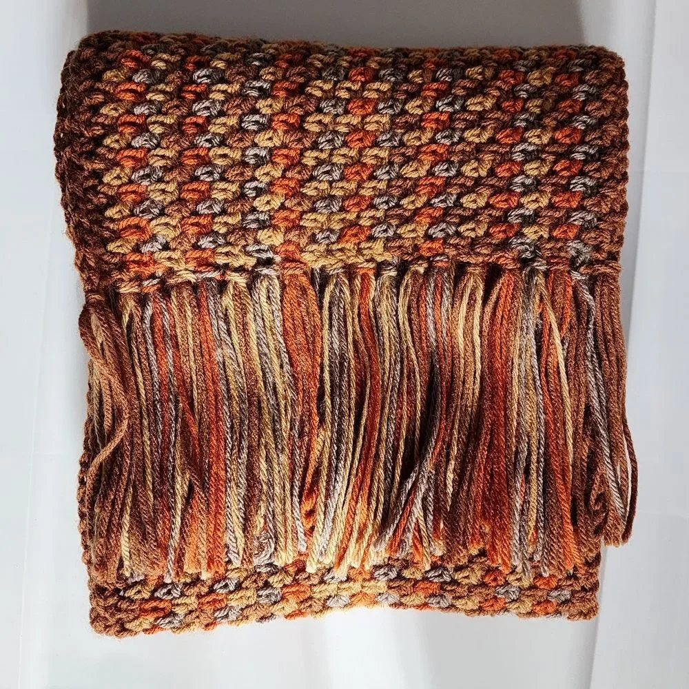New Handmade Crochet Scarf Fringe Orange Brown Earth Tones Boho Wrap
